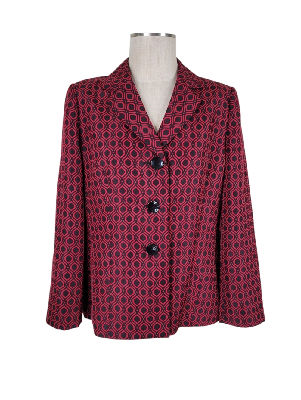 Le Suit Pant Suit Size 14P Red Black Blazer Solid Black Pleated Pants Belt Lined - Picture 3 of 11